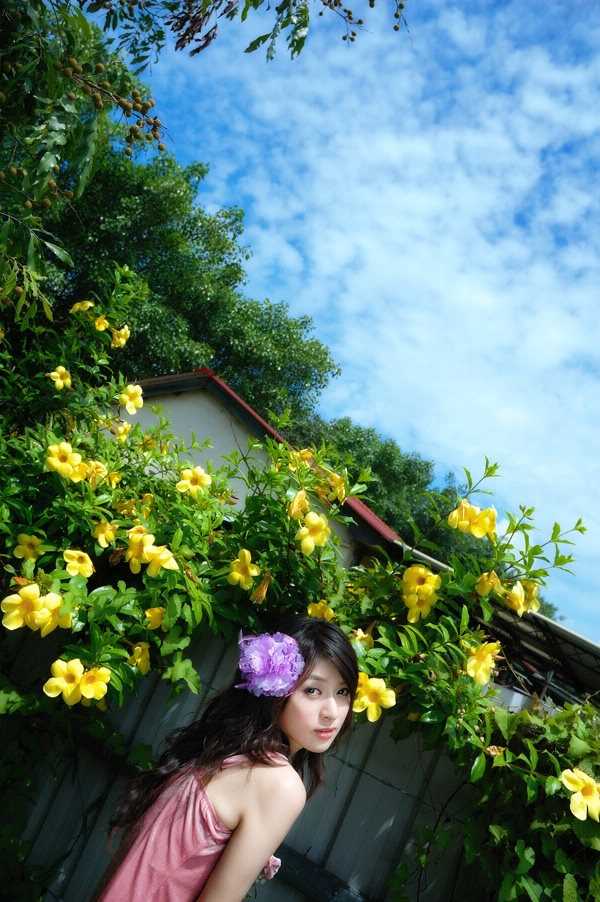 最新花丛下的美女吊带裙性感图片壁纸