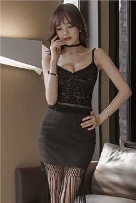 美女黑色v领流苏透视裙私房性感妩媚图片